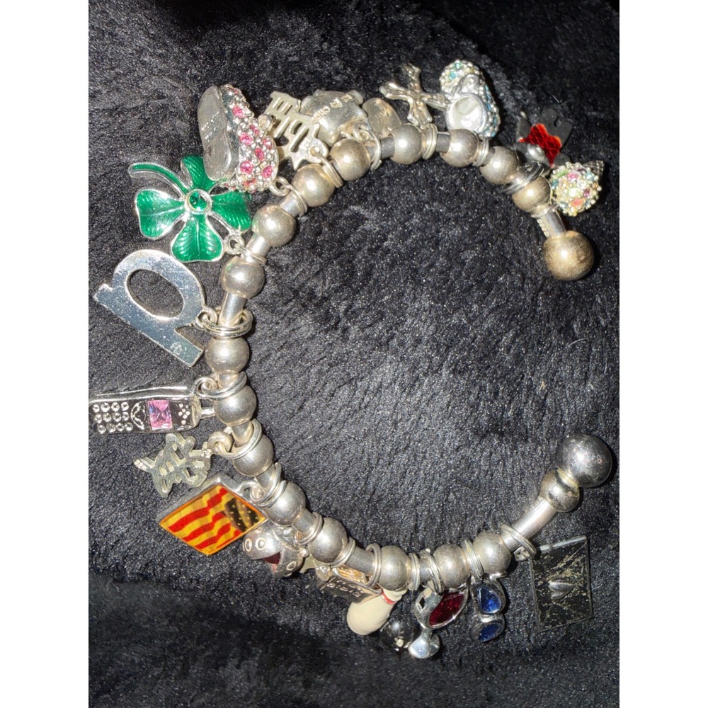 Sterling Silver 925 Multi Charm Cuff Bracelet Clover Bowling Shoe Rhinestone